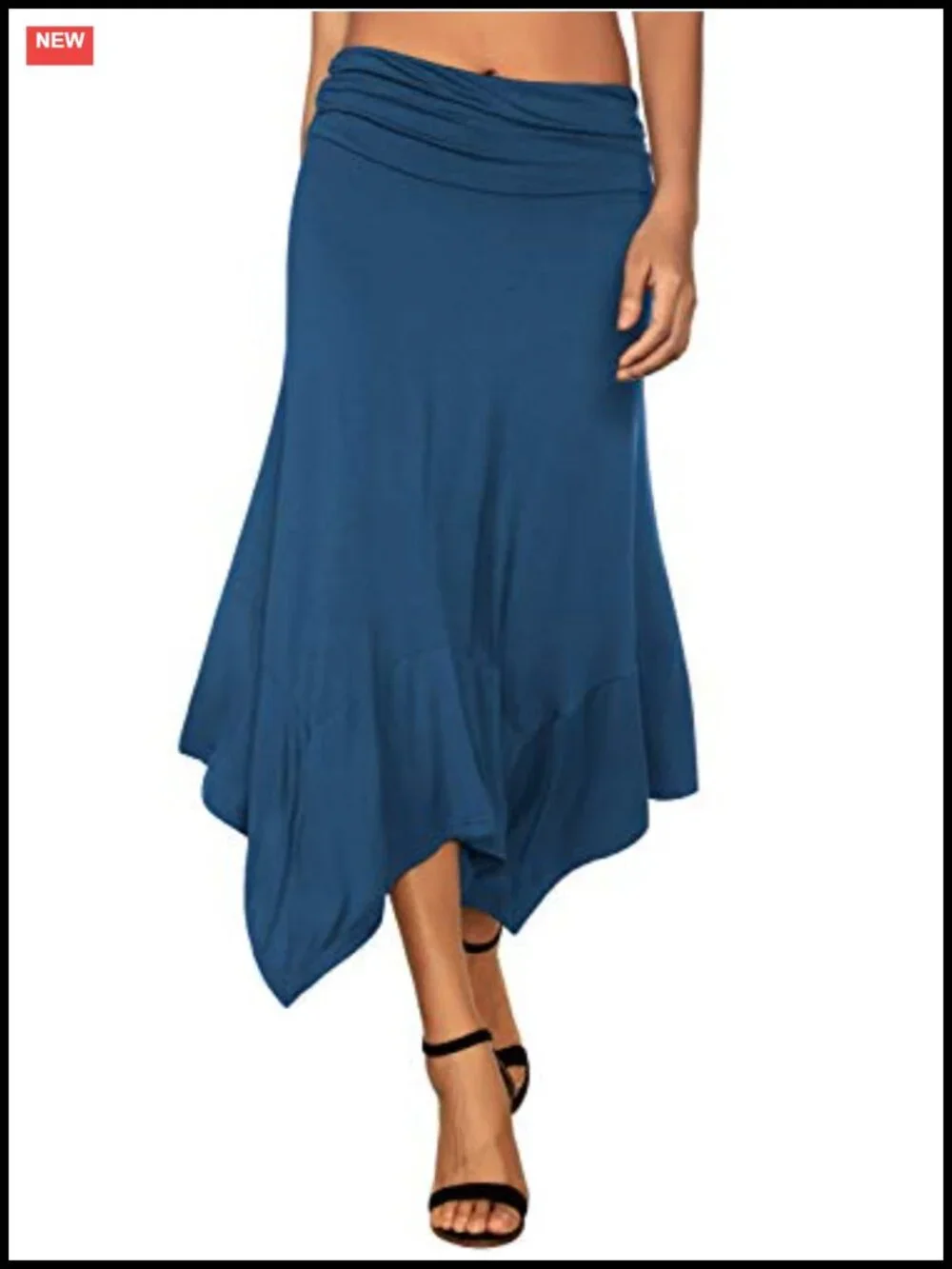 Flowy High Low Hanky Hem Midi Skirt, Soft Rayon Blend, Ruched Waist